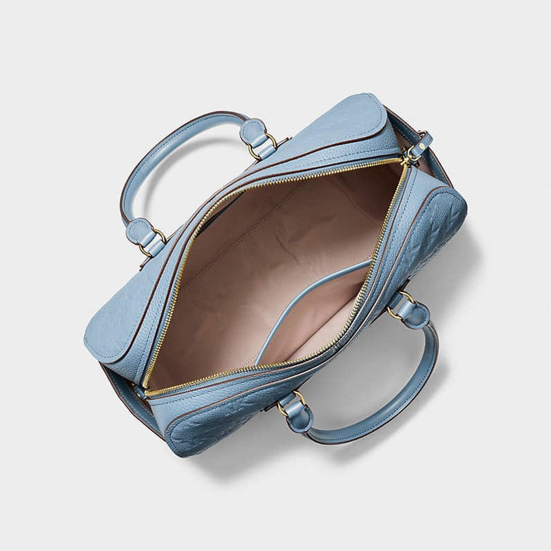Michael Kors Jet Set Travel Medium Logo Embossed Leather Duffel Crossbody Bag Chambray