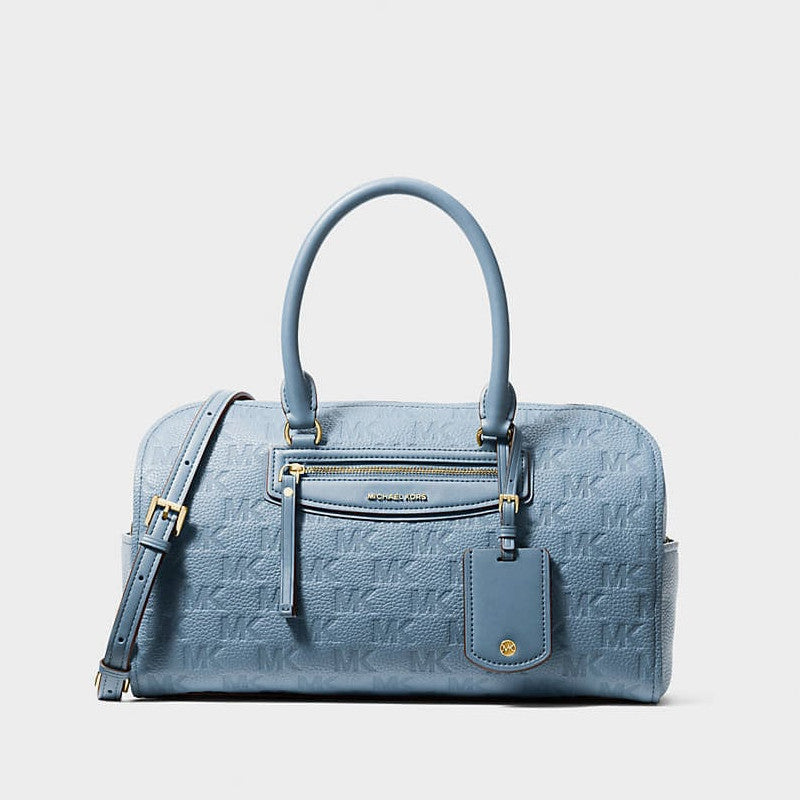 Michael Kors Jet Set Travel Medium Logo Embossed Leather Duffel Crossbody Bag Chambray