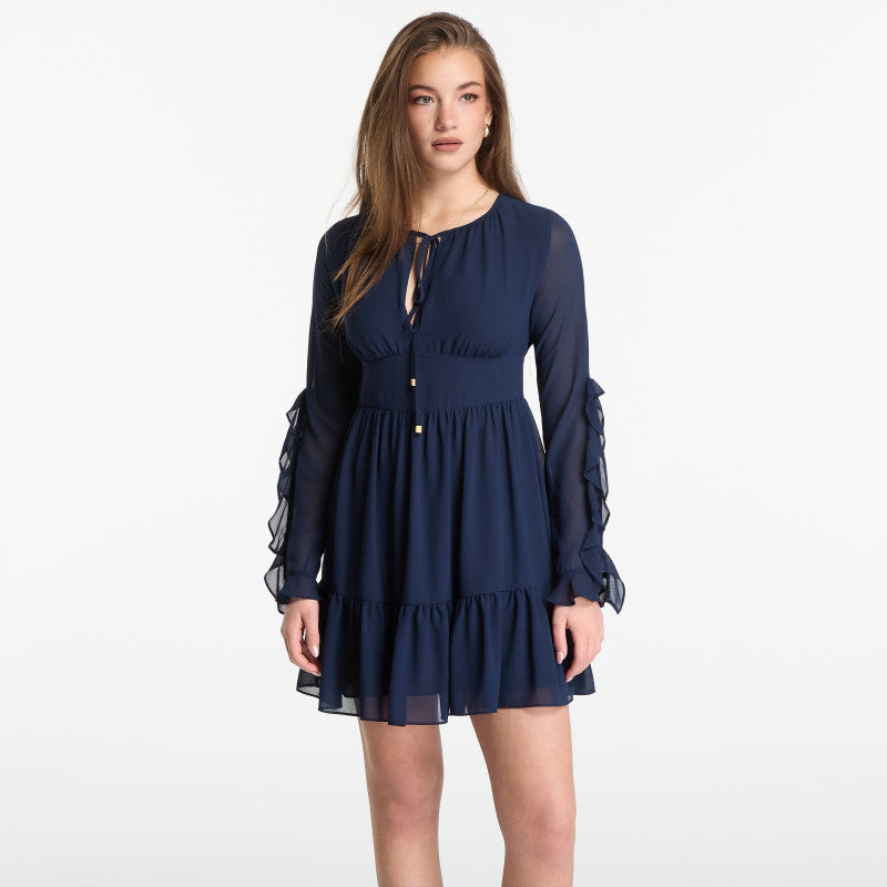 Sukienka Michael Kors Ruffled Georgette Long-Sleeve Dress Midnight Blue