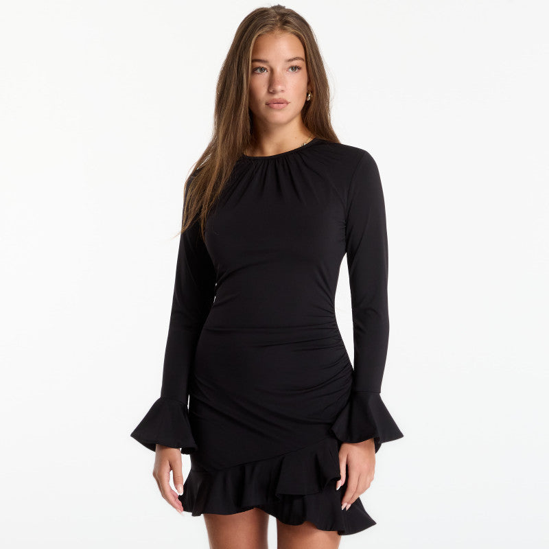 Sukienka Michael Kors Ruched Ruffle Hem Dress Black