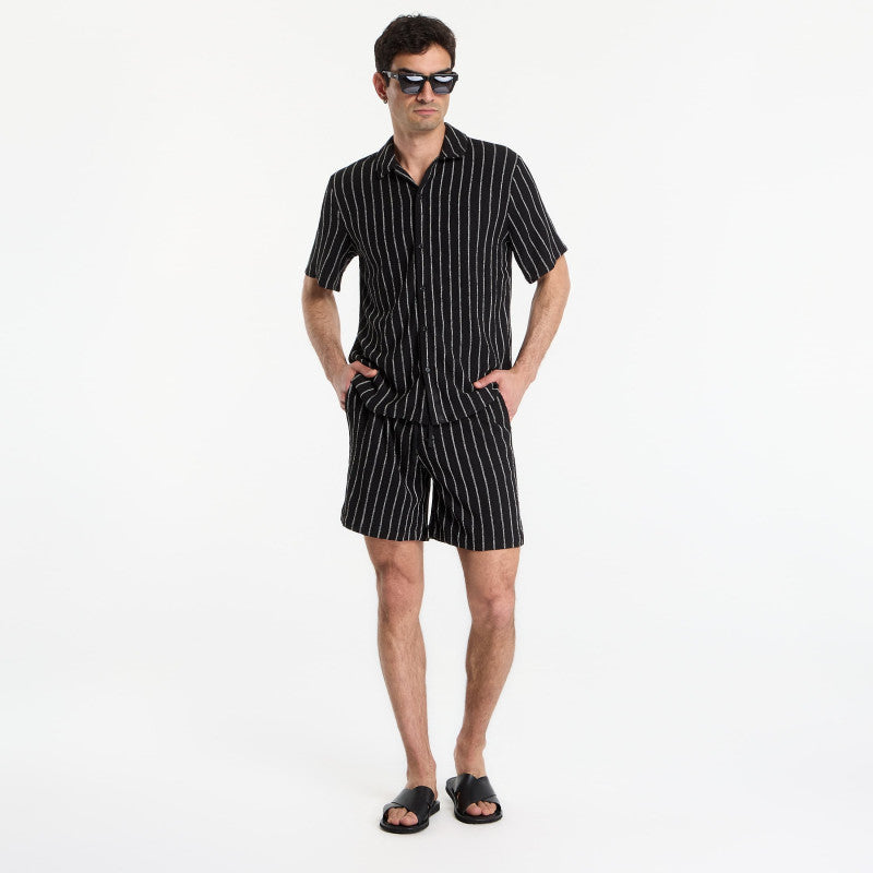 Urban Classics Striped Crinkle Resort Shorts Black/ Off White