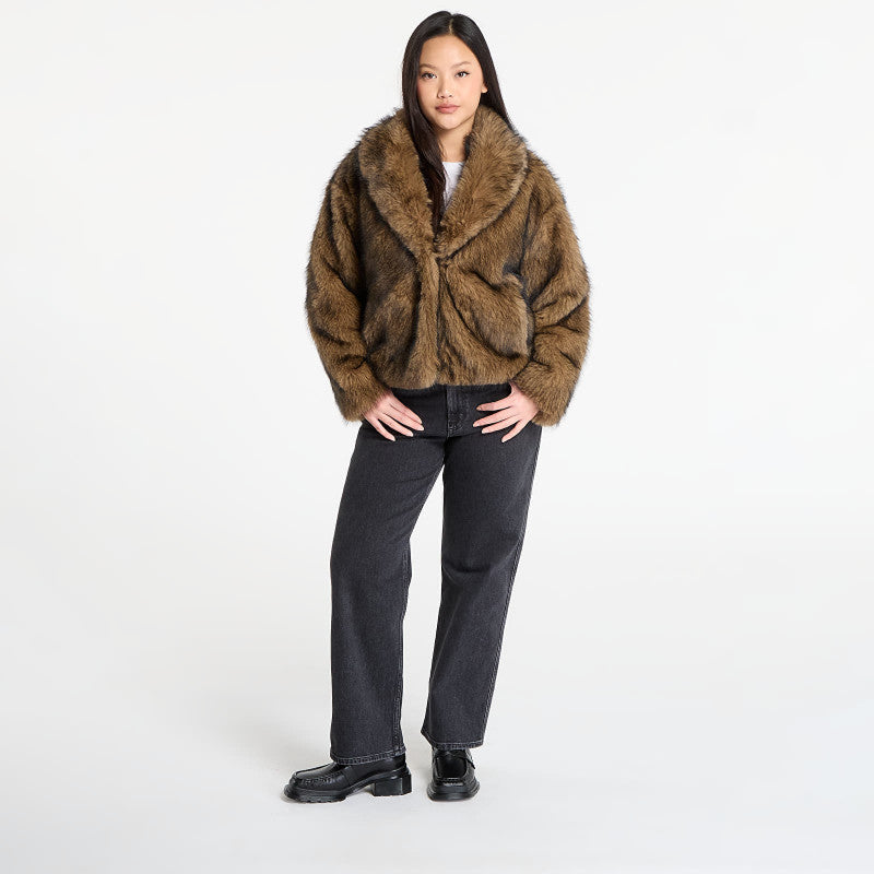 Urban Classics Ladies Short Faux Fur Jacket Brown/ Black
