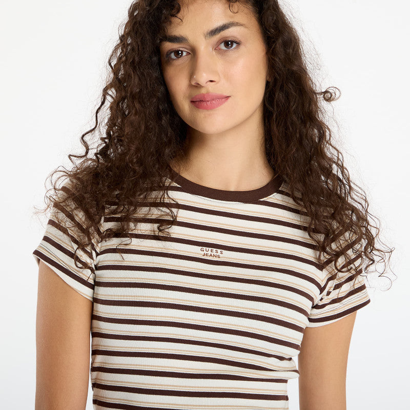 Guess Jeans Ss Cn Stripe Embr Beige/ Brown