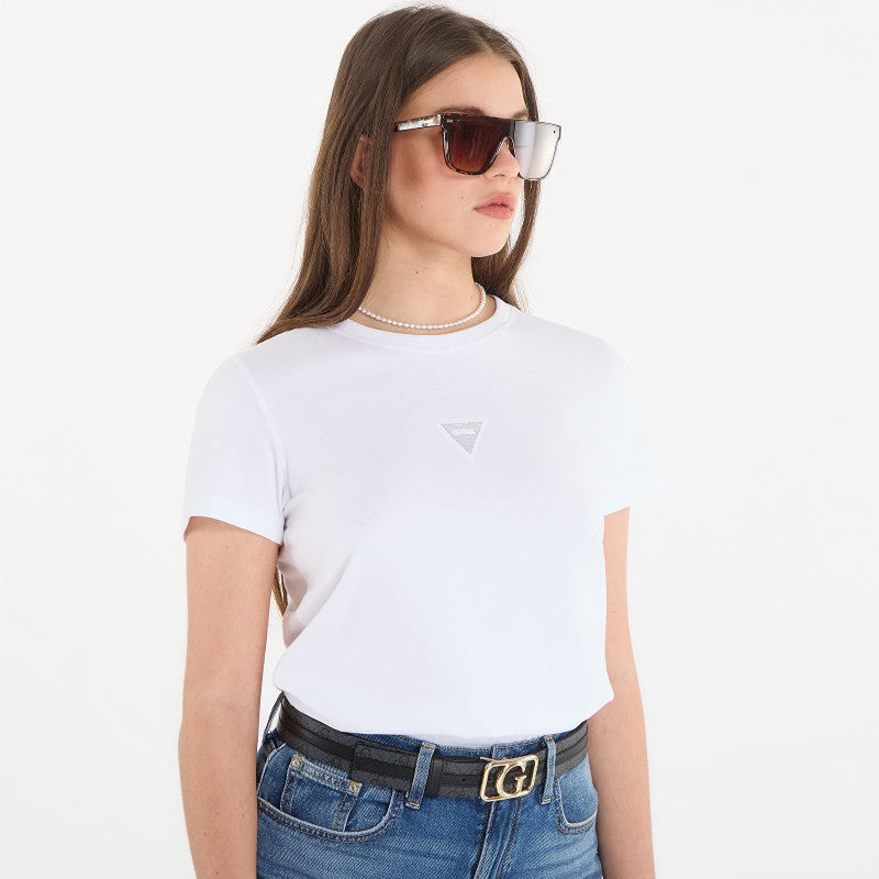 Guess Jeans Ss Cn Mini Strass Triangle Tee Pure White