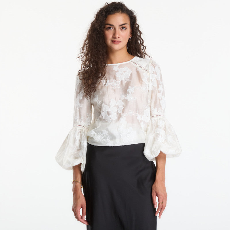 Guess Jeans Ls Brigitte Embro Top Cream White